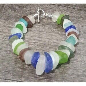 Sea Glass Chunky Blue White Green Brown Silver Plated Toggle Bracelet
